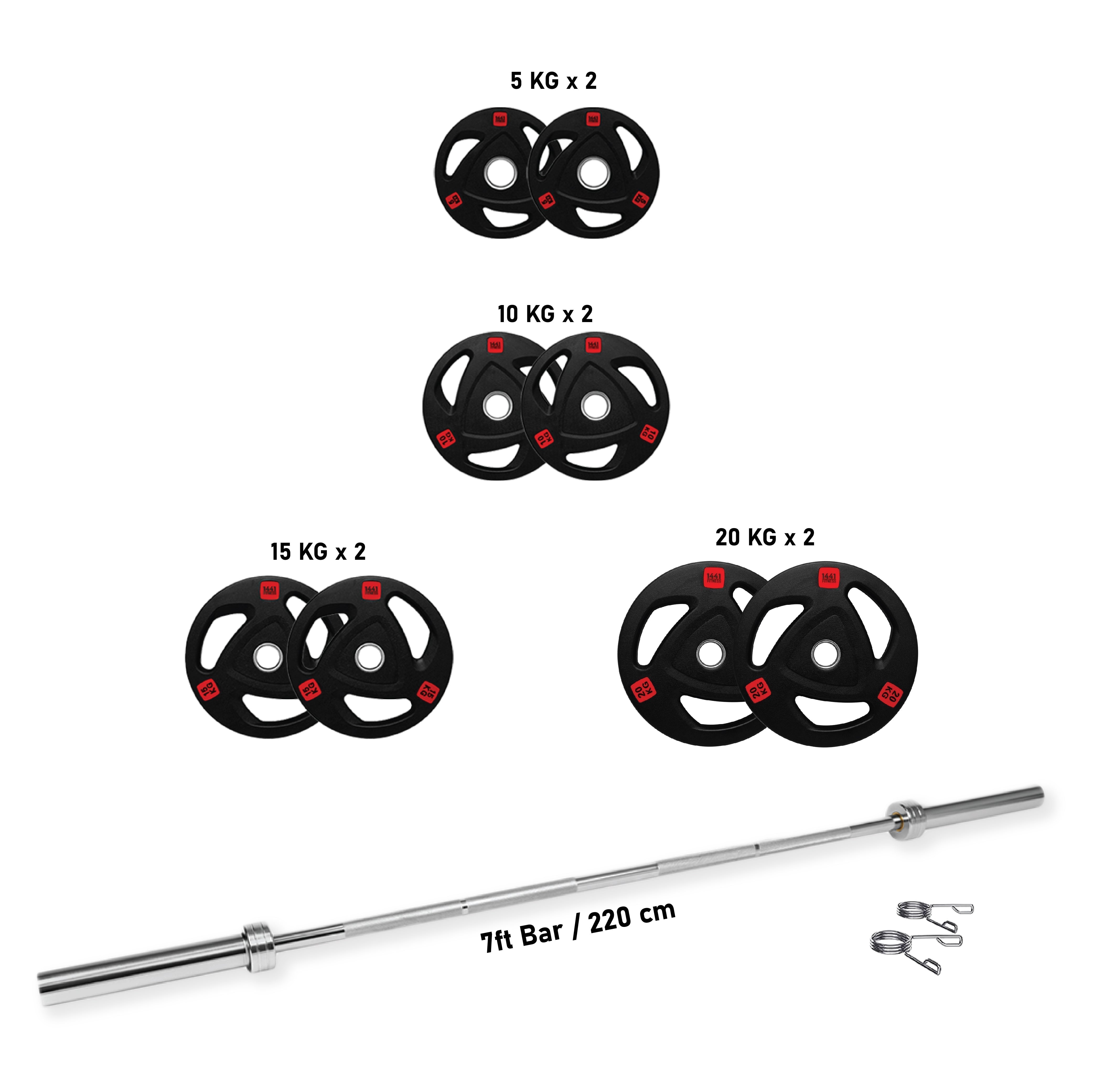 1441 Fitness Tri Grip Plates with 7 Ft Olympic Bar - 120 Kg Set