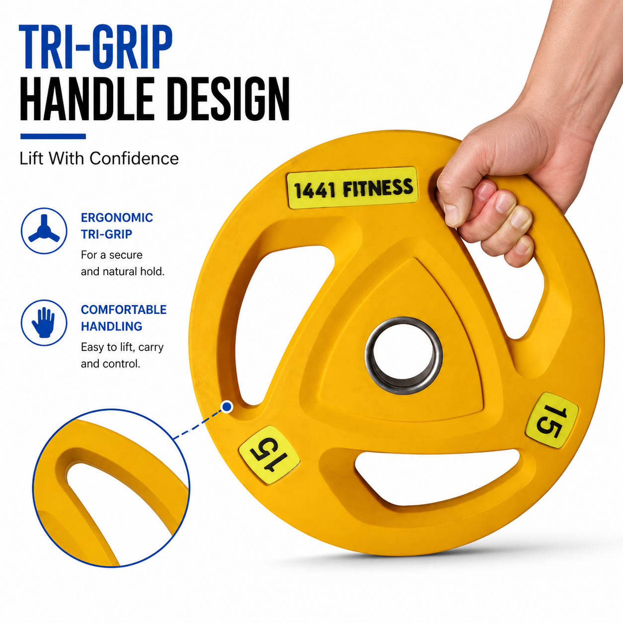 1441 Fitness Tri Grip Color PU Olympic Plates 2.5 Kg to 20 Kg - 1 Yr Warranty