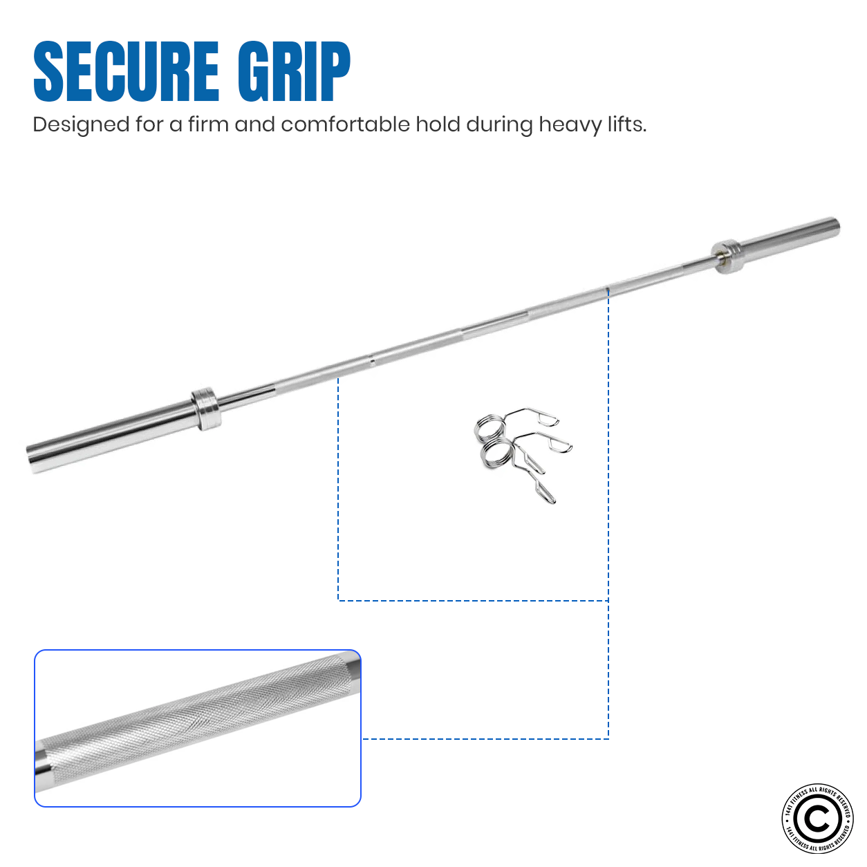 1441 Fitness 7 Ft Olympic Bar with Spring Collars - 20 Kg (Chrome)