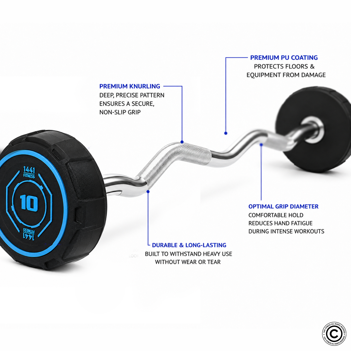 1441 Fitness Fixed Curl PU Barbell Set - 10 Kg to 30 Kg with Rack - Bundle Offer