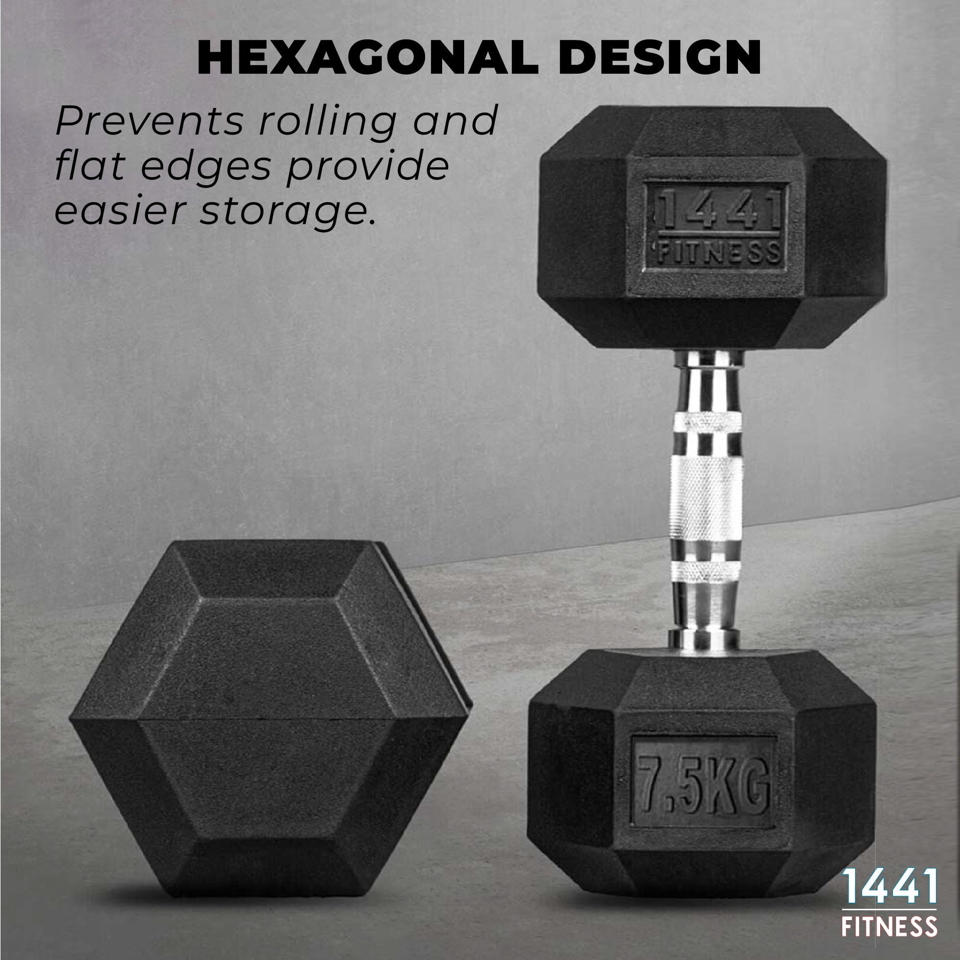 1441 Fitness Rubber Hex Dumbbells - 2.5 Kg - 50 Kg (Sold as Pair)