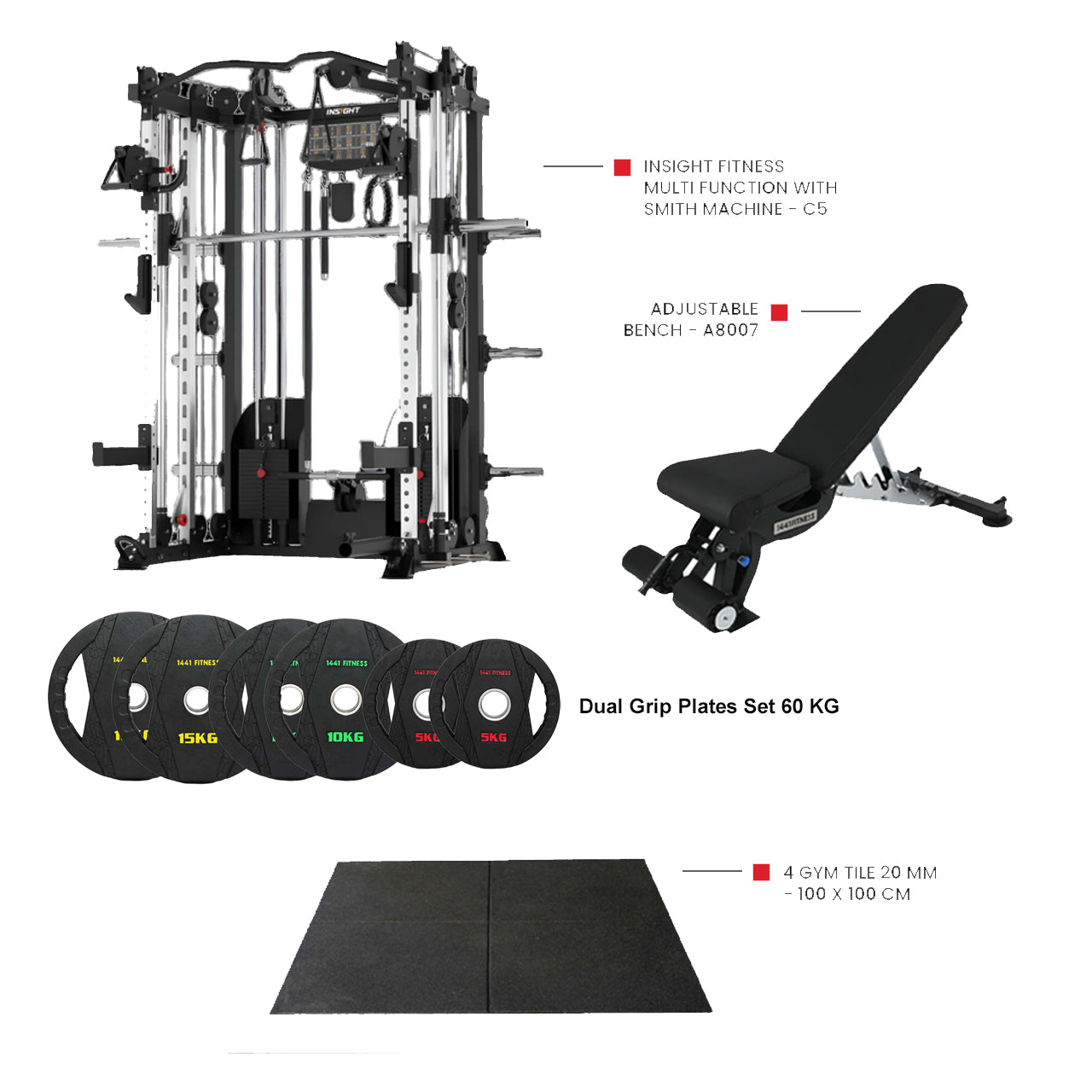 1441 Fitness Insight C5 Smith Machine + Flooring + Dual Grip Plates + A8007 Bench