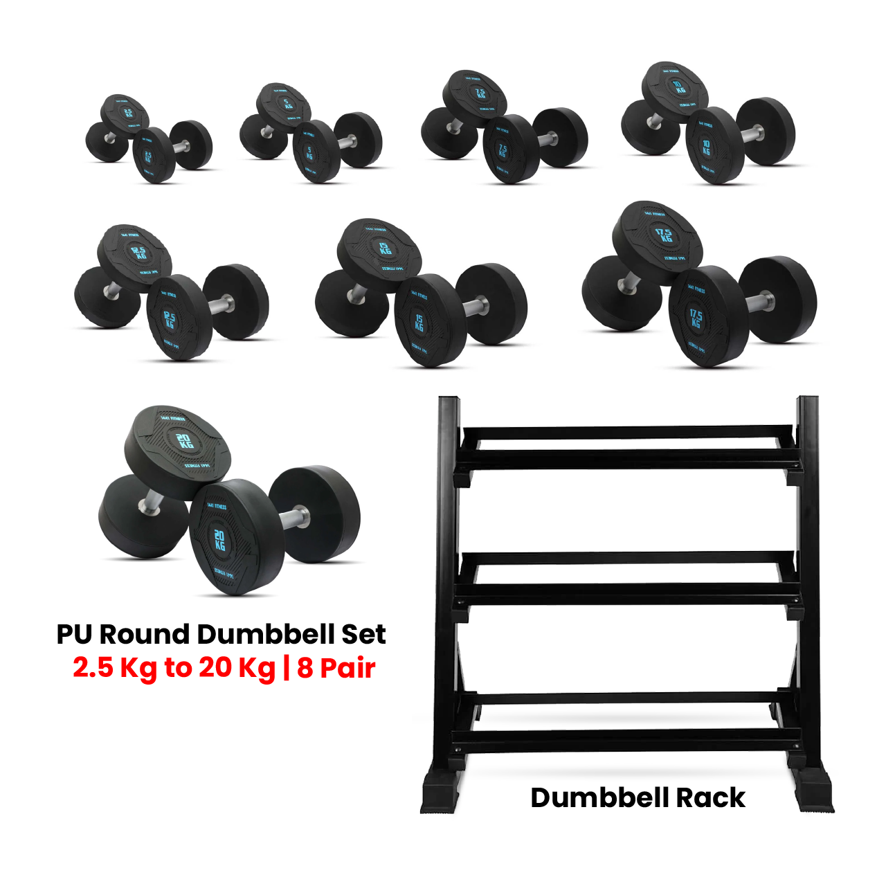 1441 Fitness PU Round Dumbbell Set 2.5 KG to 20 KG with 3 Tier Rack