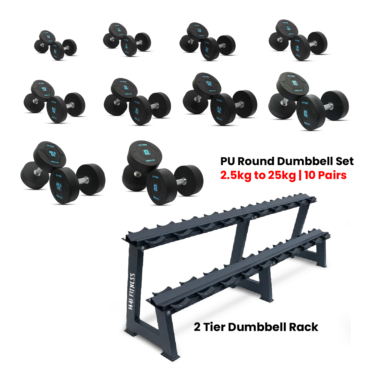 1441 Fitness PU Round Dumbbell Set 2.5 Kg to 25 Kg with 2 Tier Rack