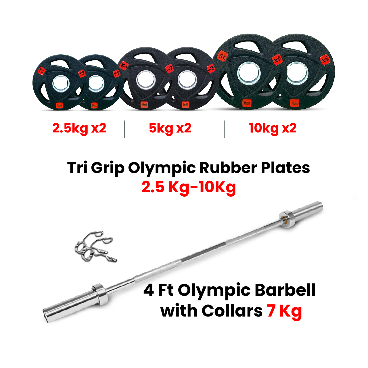 1441 Fitness Tri Grip Plates with 4 Ft Olympic Bar - 42 Kg Set