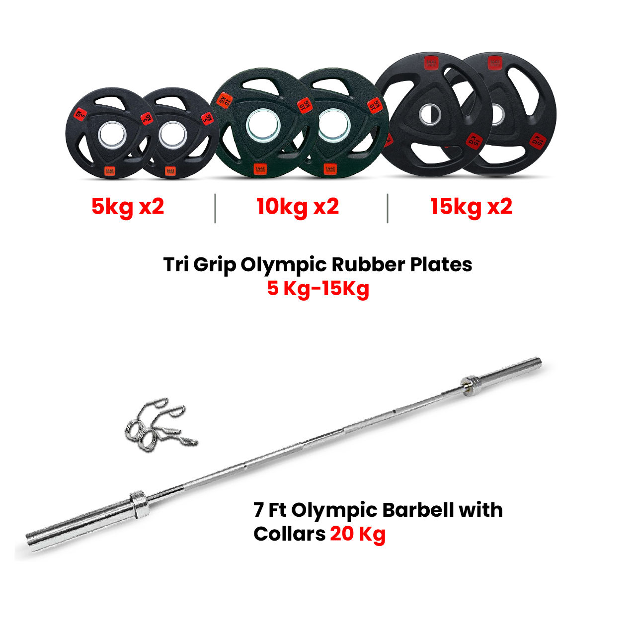 1441 Fitness Tri Grip Plates with 7 Ft Olympic Bar - 80 Kg Set