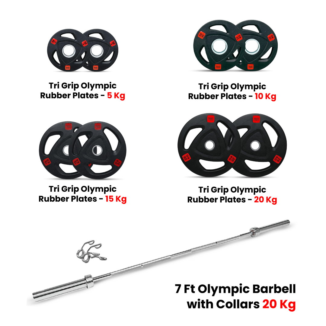 1441 Fitness Tri Grip Plates with 7 Ft Olympic Bar - 120 Kg Set