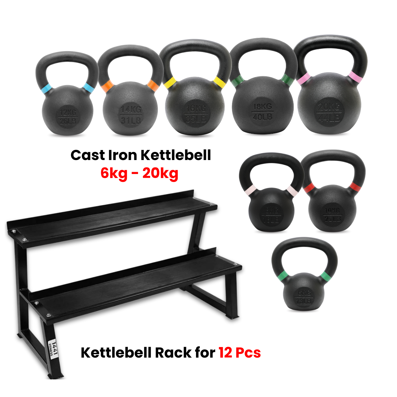 1441 Fitness Powder Coated Kettlebell 6 Kg to 20 Kg with 2 Tier Rack - Bundle Offer