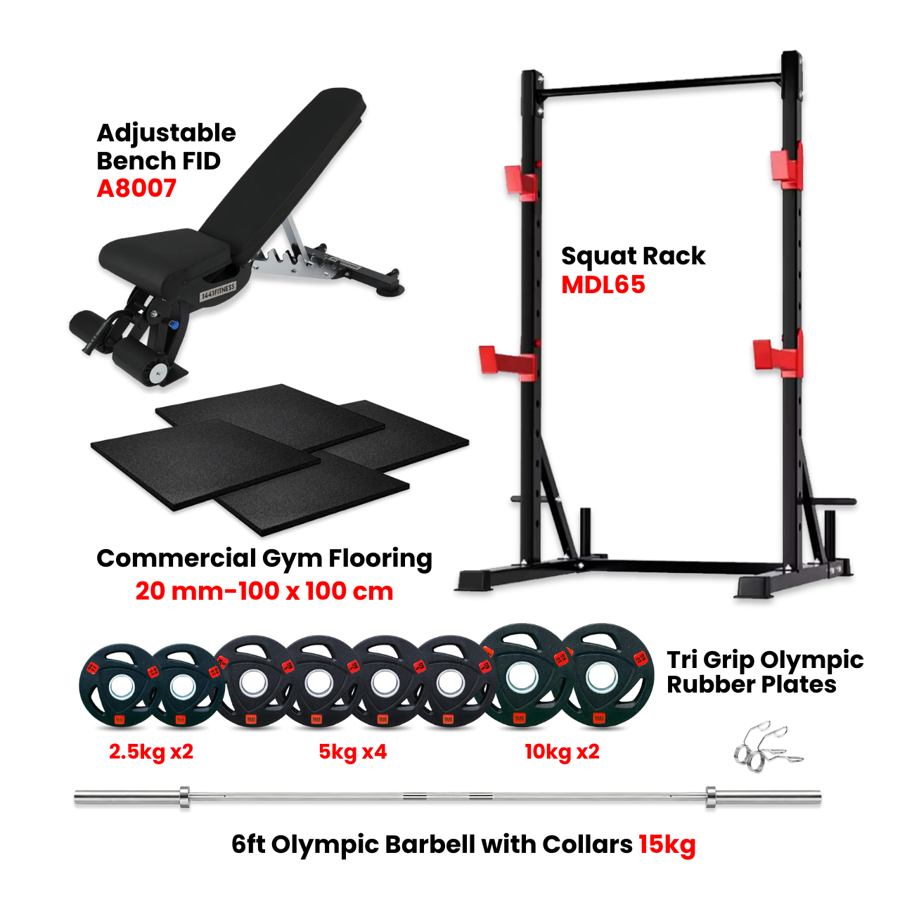 1441 Fitness MDL 65 Squat Rack Combo with Plates Bench and Flooring
