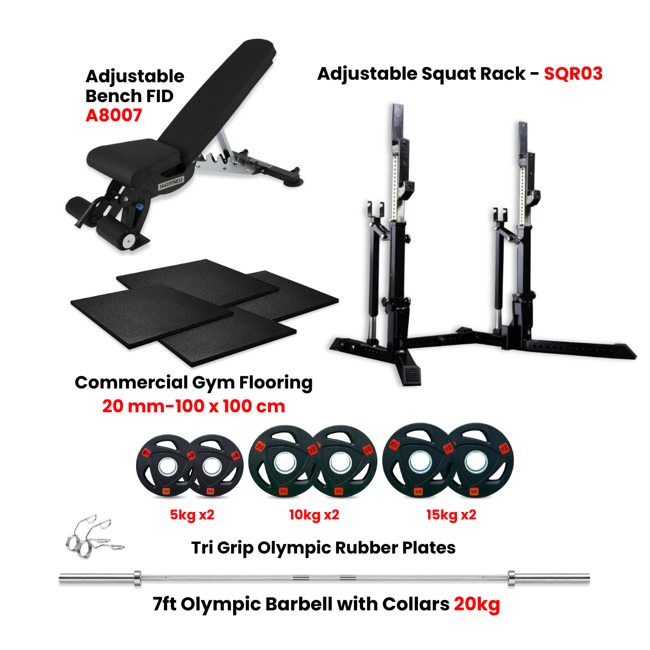 1441 Fitness SQR03 Squat Rack Combo with Plate Set Bench and Flooring