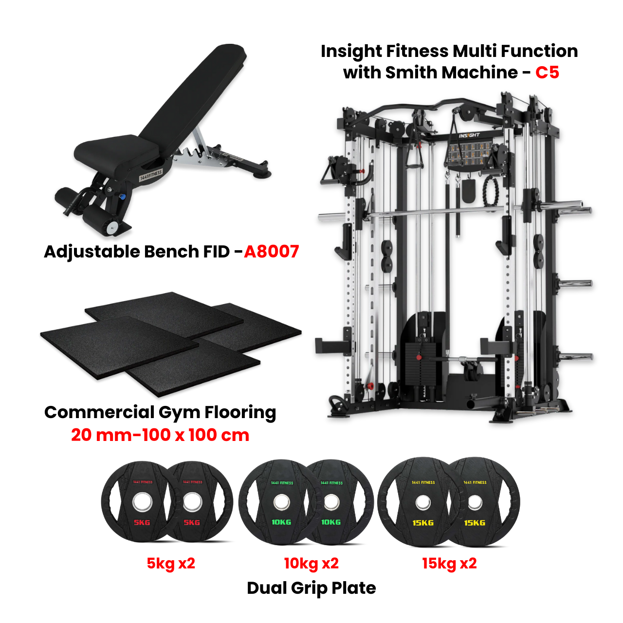 1441 Fitness Insight C5 Smith Machine + Flooring + Dual Grip Plates + A8007 Bench