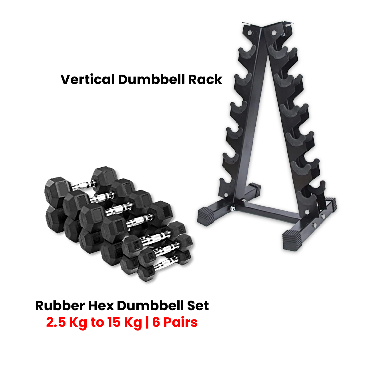 1441 Fitness Hex Dumbbells Set 2.5 Kg to 15 Kg with Vertical Rack - Bundle Offer