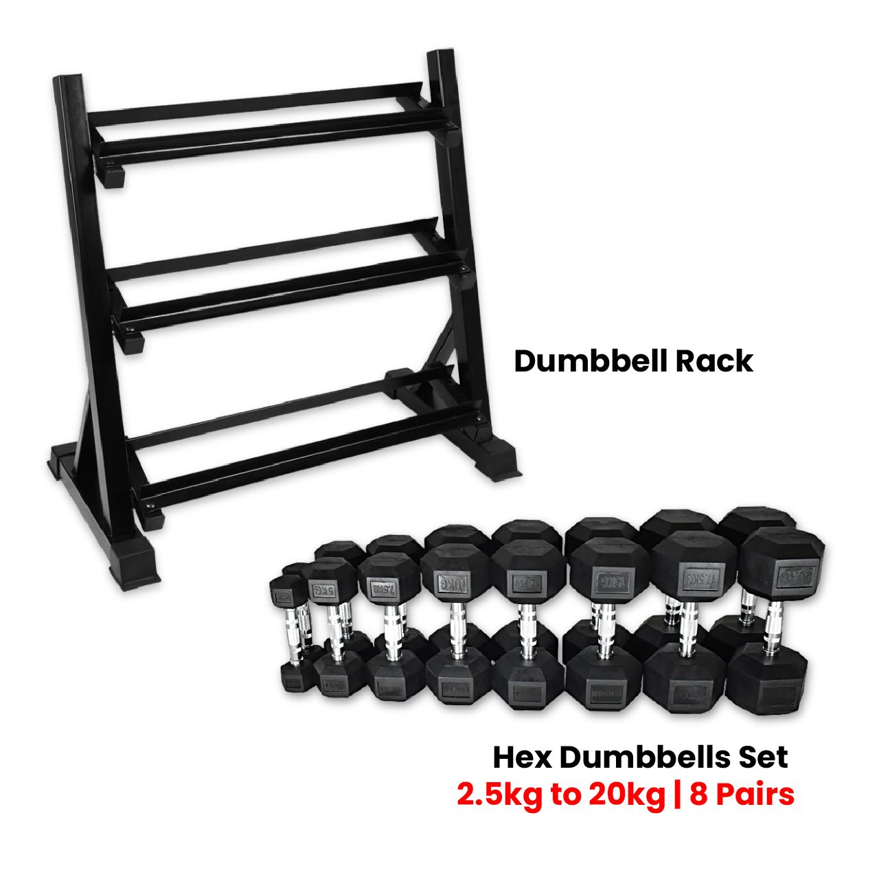 1441 Fitness Hex Dumbbells Set 2.5 Kg to 20 Kg with 3 Tier Rack - Bundle Offer