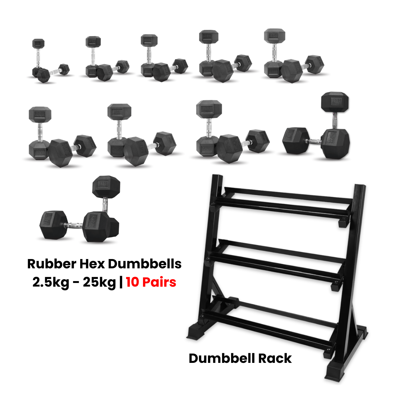 1441 Fitness Hex Dumbbells Set - 2.5 Kg to 25 Kg with 3 Tier Rack - Bundle Offer
