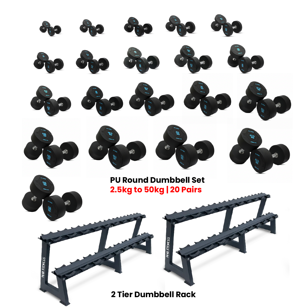1441 Fitness PU Round Dumbbell Set - 2.5 to 50 Kg (20 Pairs) with 2 Tier Racks