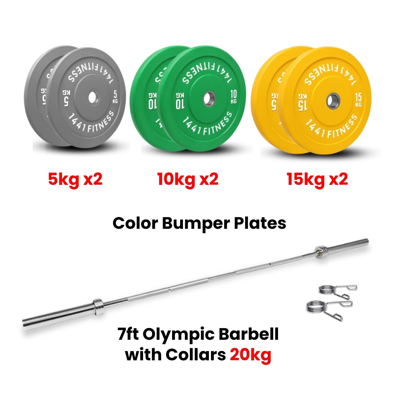 1441 Fitness Color Bumper Plates with 7 Ft Olympic Bar - 80 Kg Set - Bundle Offer
