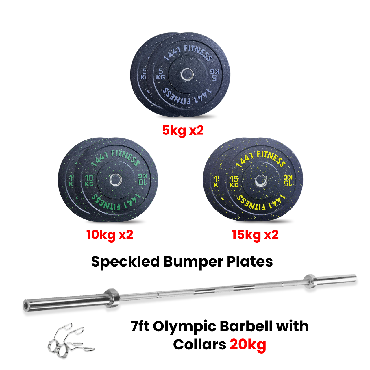1441 Fitness Speckled Bumper Plates with 7 ft Olympic Bar - 80 Kg Set