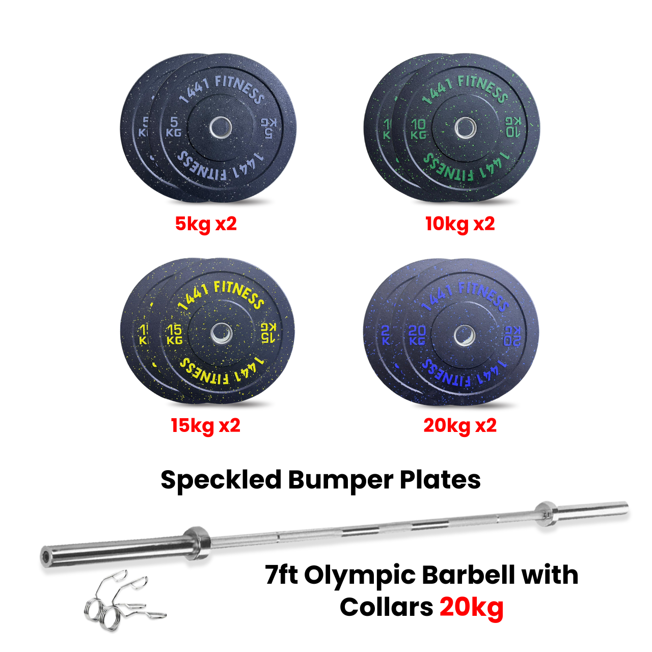 1441 Fitness Speckled Bumper Plates with 7 ft Olympic Bar - 120 Kg Set
