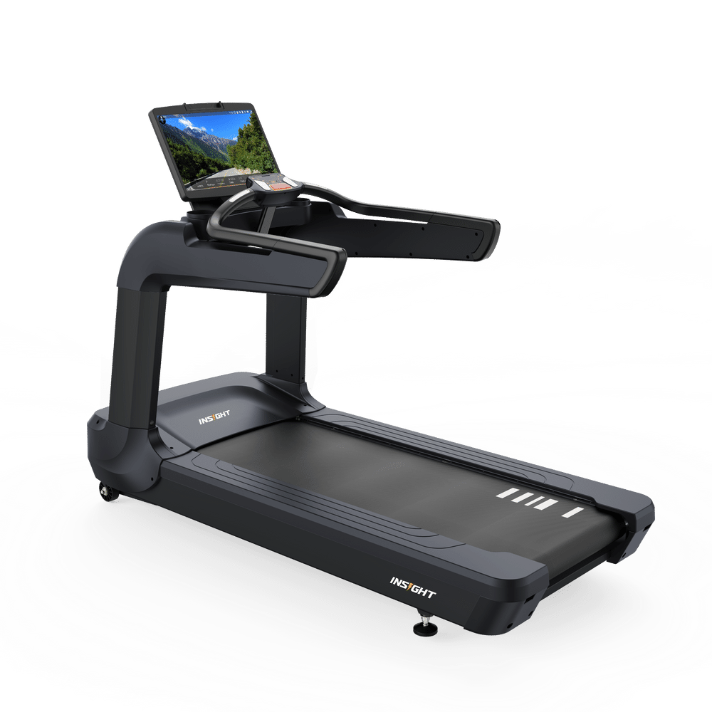 Commercial grade treadmill with a touch screen display and a black frame, designed for running and fitness activities.
