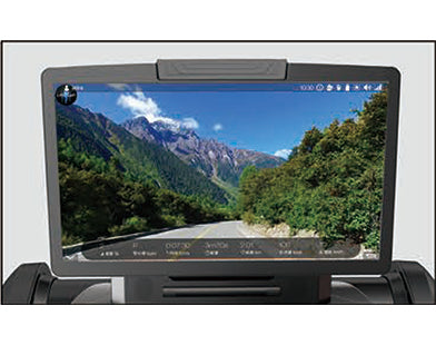 Insight Fitness Commercial Treadmill with Screen - RT7 monitor displaying a scenic road with mountains on a screen