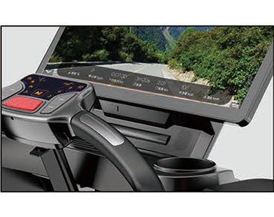 Commercial grade treadmill with a touch screen display and a black frame, designed for running and fitness activities.