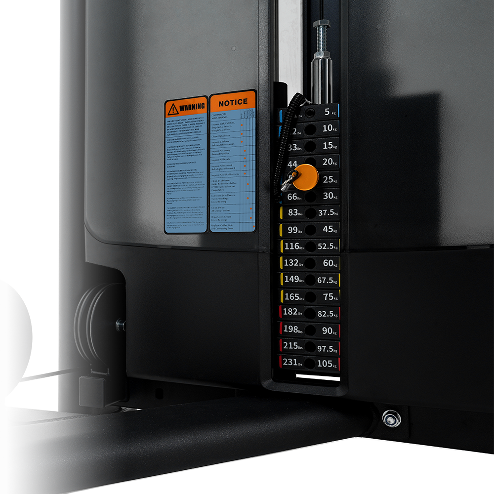 Control panel with warning labels and measurement scale on Insight Fitness Lat Pulldown/Seated Row - BE8026.