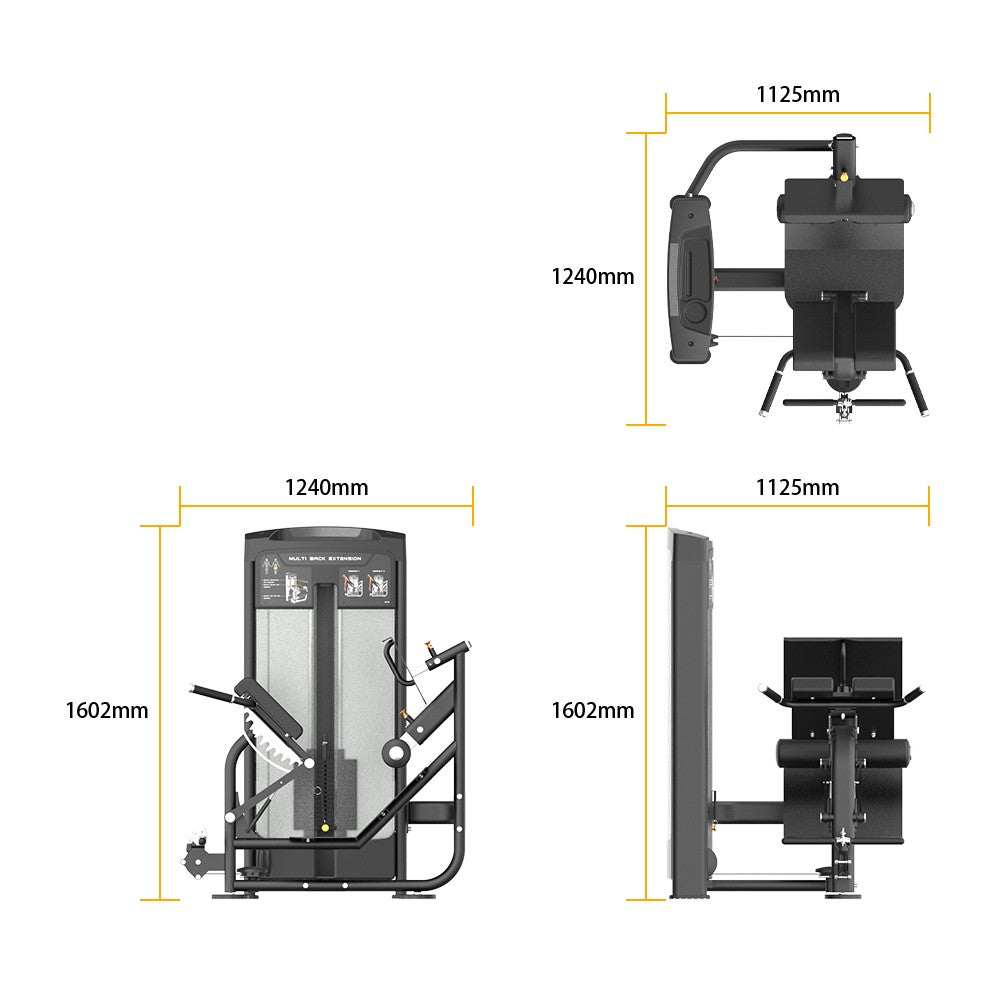 Insight Fitness Multi Back Extension - BE8040 with dimensions labeled on a white background