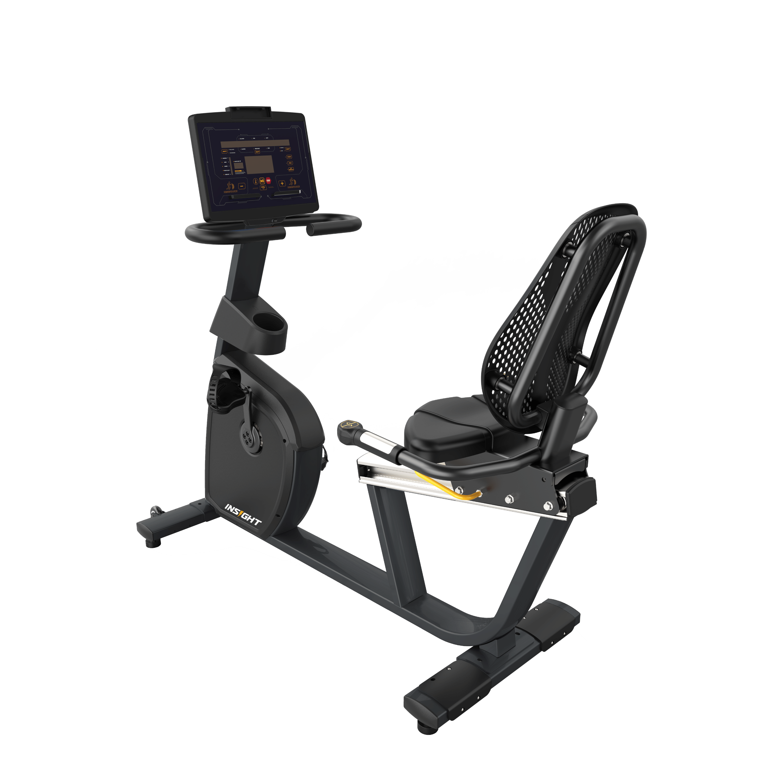 Insight Fitness Recumbent Bike - RR5 with a tablet stand on a transparent background