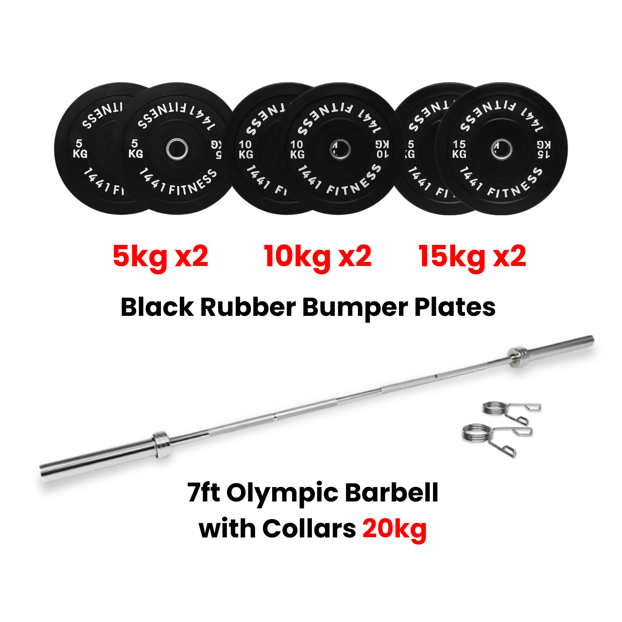 1441 Fitness Black Bumper Plates with 7 Ft Olympic Bar - 100 Kg Set - Bundle Offer