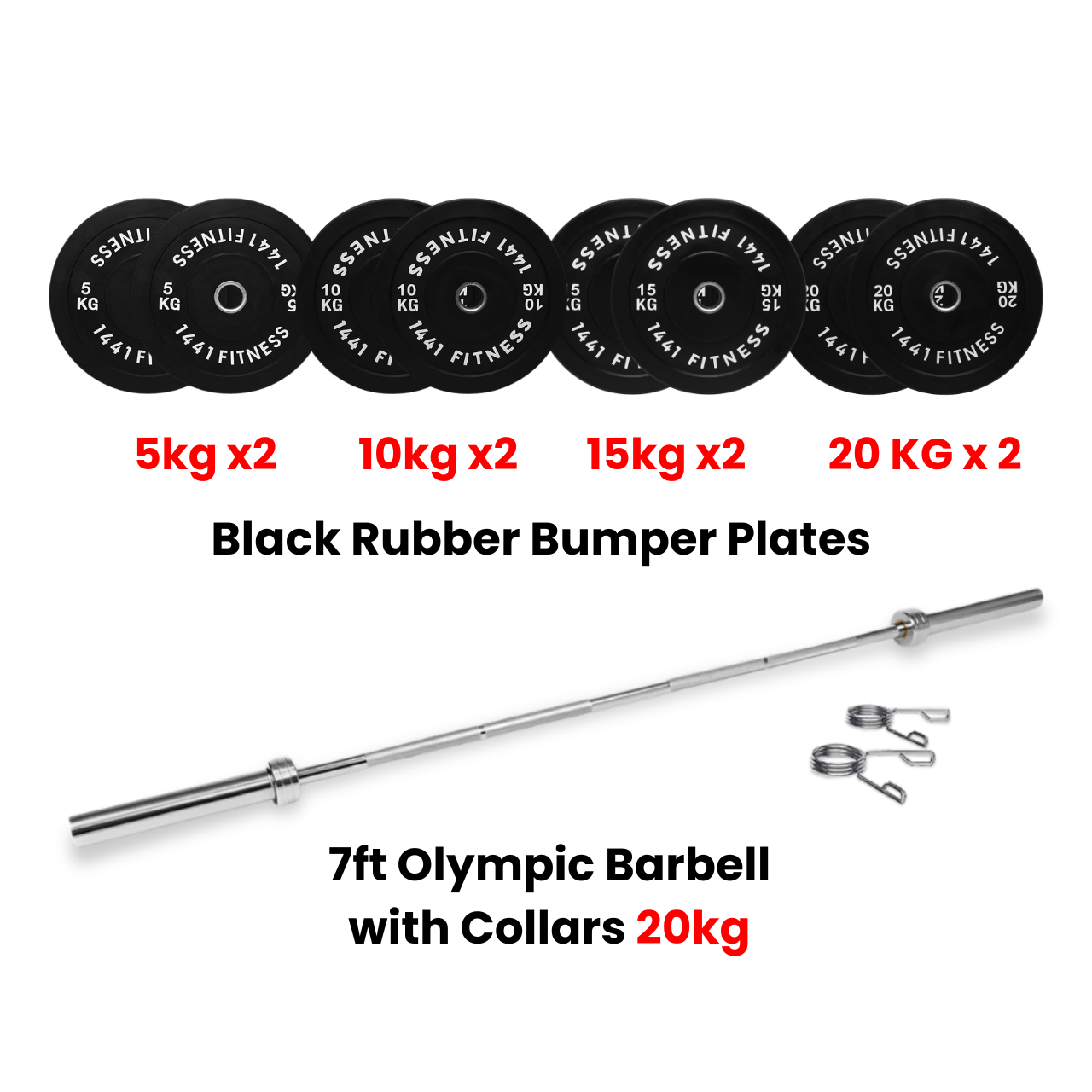 1441 Fitness Black Bumper Plates with 7 Ft Olympic Bar - 120 Kg Set - Bundle Offer