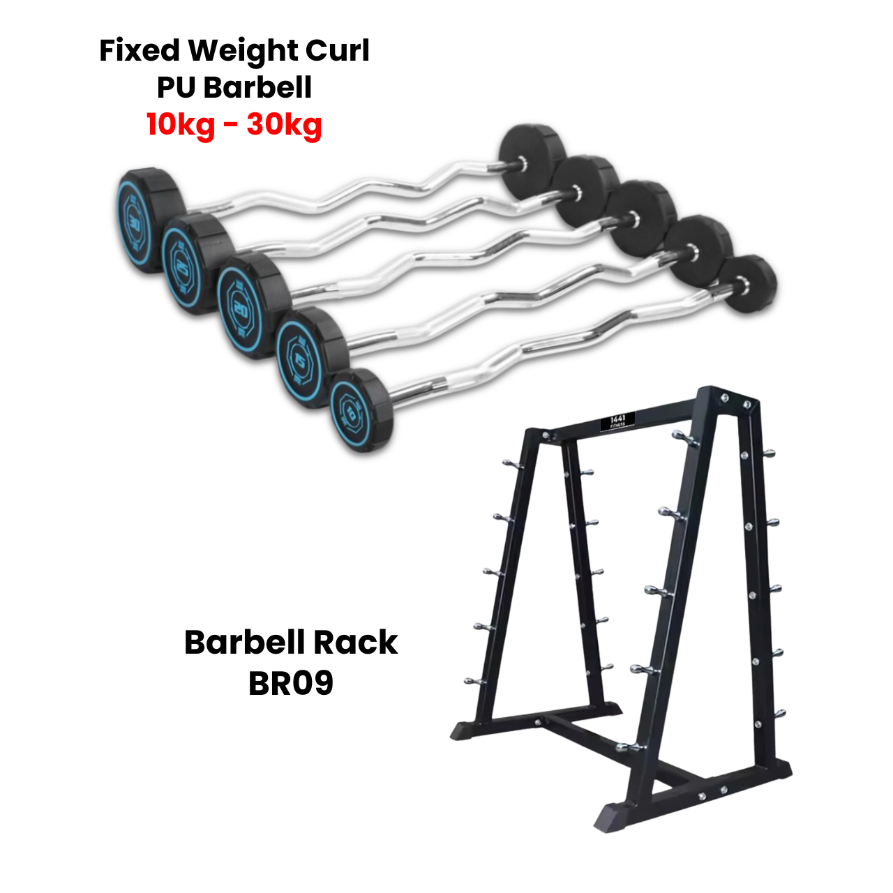 1441 Fitness Fixed Curl PU Barbell Set - 10 Kg to 30 Kg with Rack - Bundle Offer