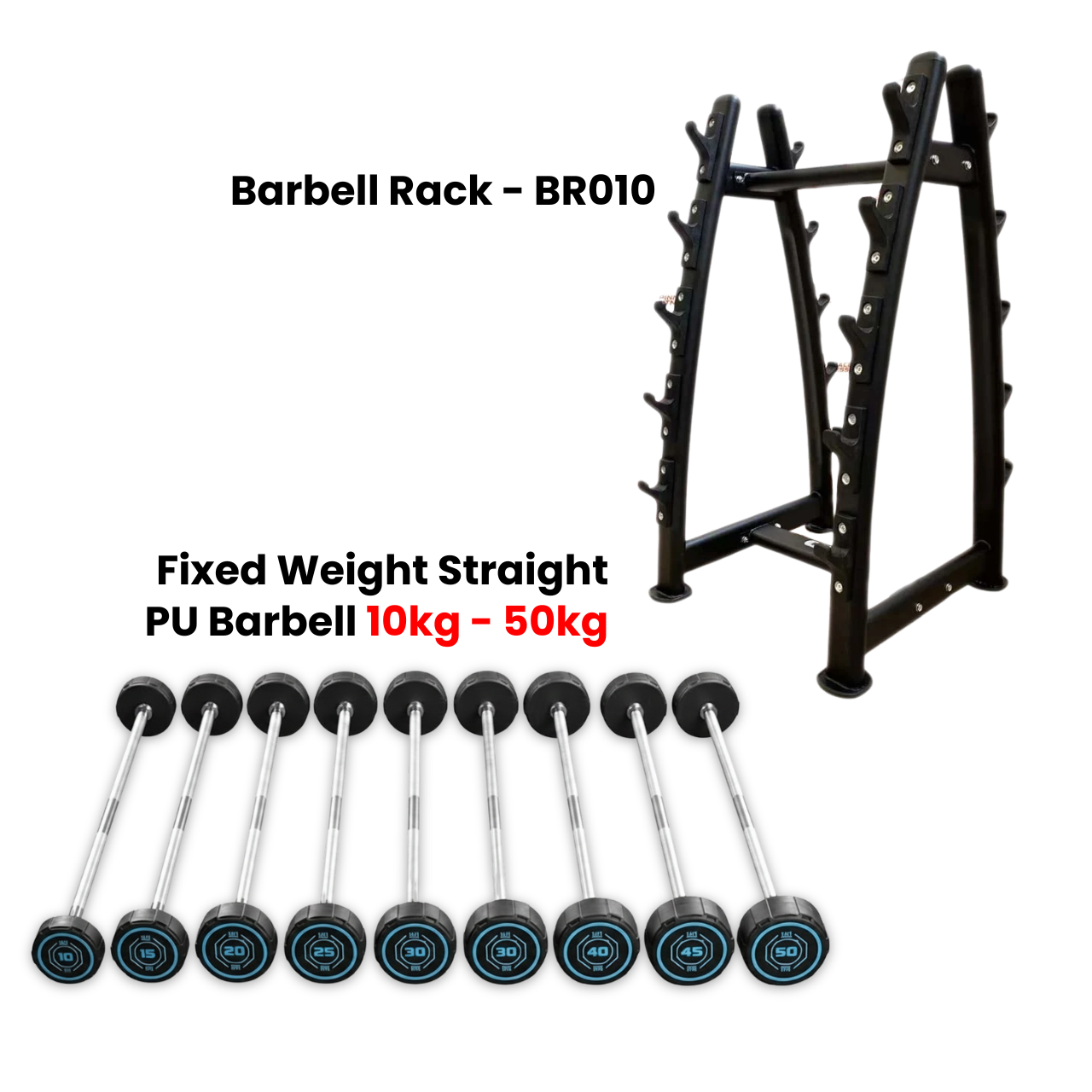 1441 Fitness Fixed Straight PU Barbell Set with Rack - 10 Kg to 50 Kg - Bundle Offer