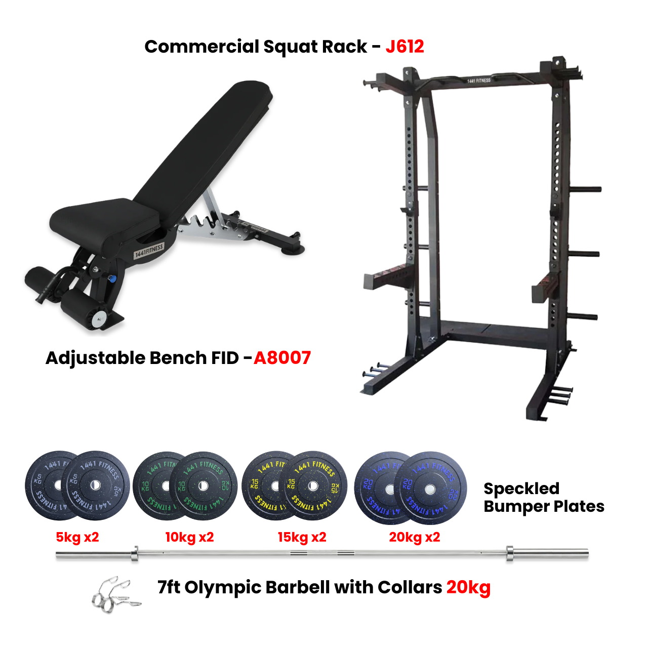 1441 Fitness J612 Squat Rack Combo with Plate Set and Bench