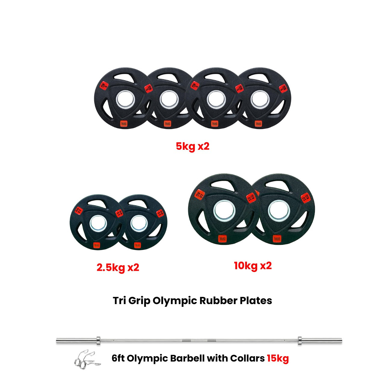 1441 Fitness Tri Grip Plates with 6 Ft Olympic Bar - 60 Kg Set