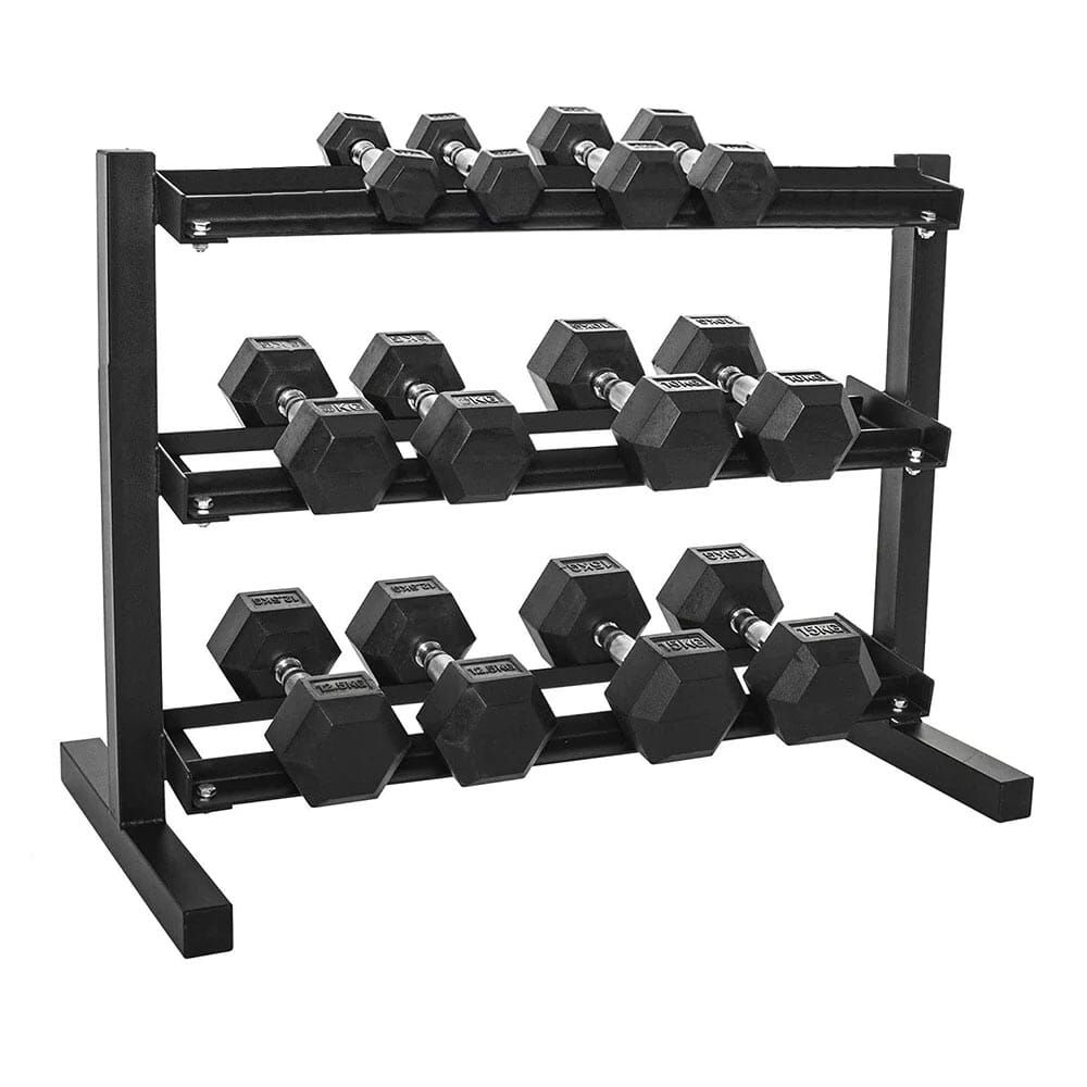 Fitmate Rubber Coated Hex Dumbbell Set 2.5 - 15 Kg with Dumbbell Rack