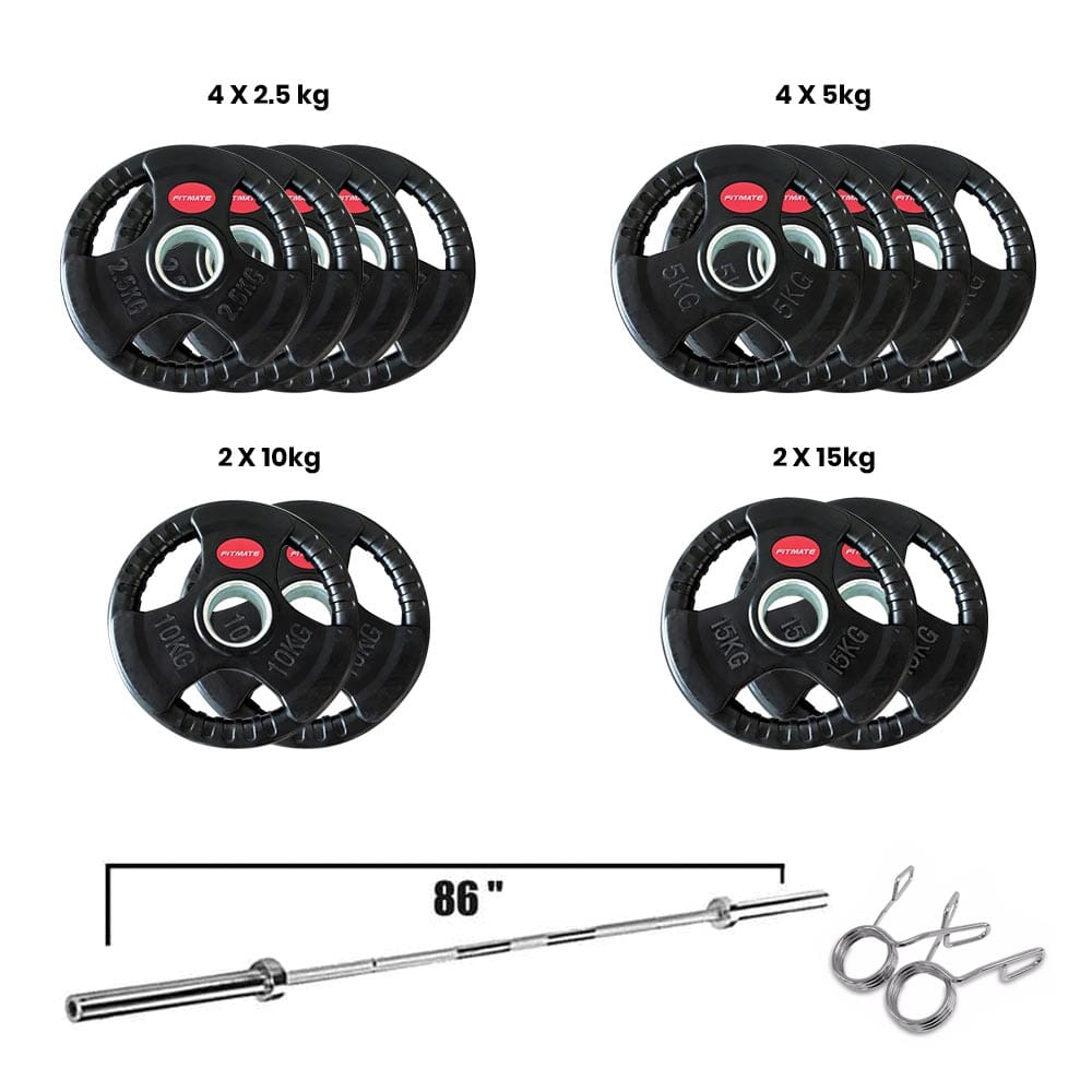 Fitmate Rubber Weight Plate Set With 7ft Olympic Bar | 100 Kg