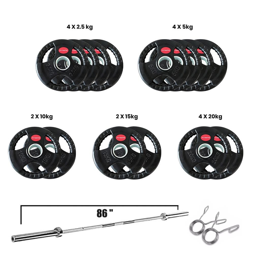 Fitmate Rubber Weight Plate Set With 7 Ft Olympic Bar | 140 Kg